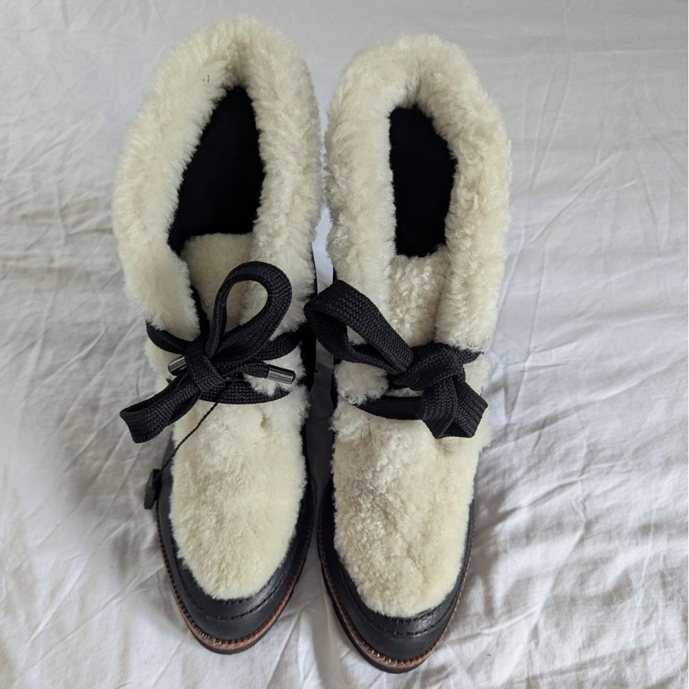 Fabianelli Italy Black Leather Shearling‎ Trim Wedge Ankle Boots Ribbon Lace-Up